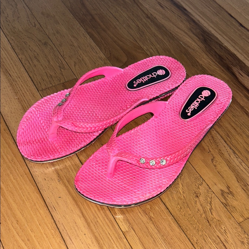 chatties Bright Pink Braided Flip Flop Sandals with Rhinestones